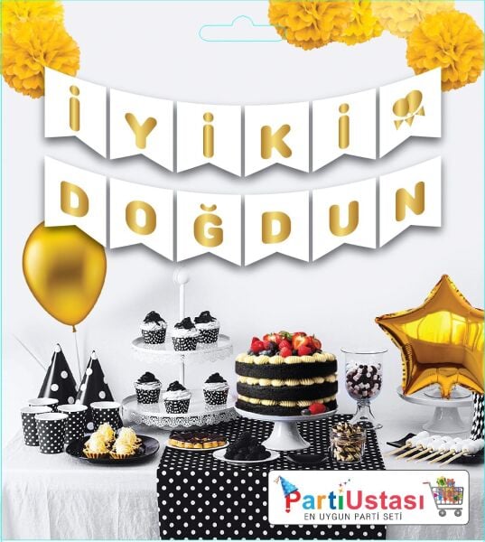 Yazi Varakli Zarf Banner Iyiki Dogdun Beyaz Gold 2035 Min
