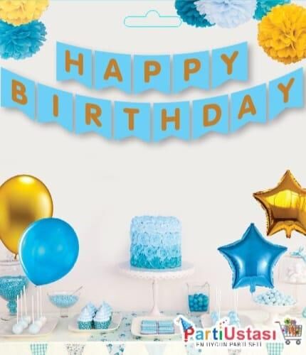 Yazi Zarf Banner Varakli Happy Mavi Altin 1933 Min