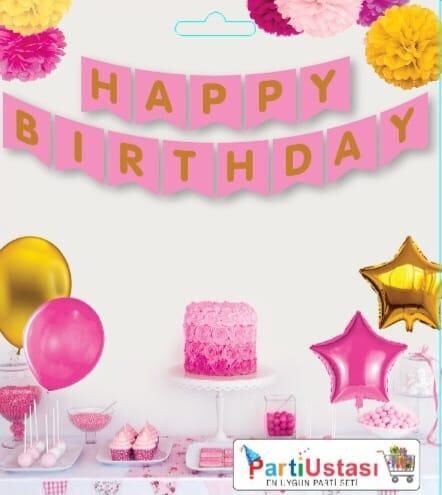 Yazi Zarf Banner Varakli Happy Pembe Altin 1929 Min